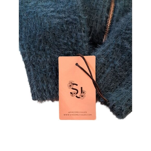 SINCERELY JULES NWT Women’s Medium Teal Fuzzy Full Zip Mock Neck Jacket - Picture 6 of 8